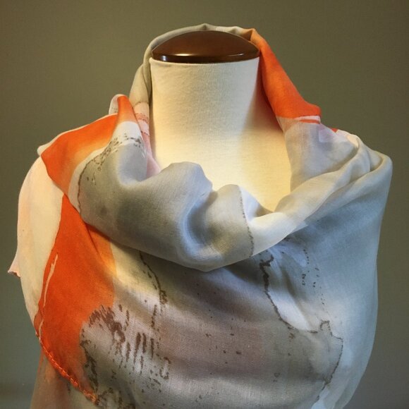 Vex Collection Beautiful Watercolour Wash Scarf In Orange, White & Grey - Picture 6 of 13